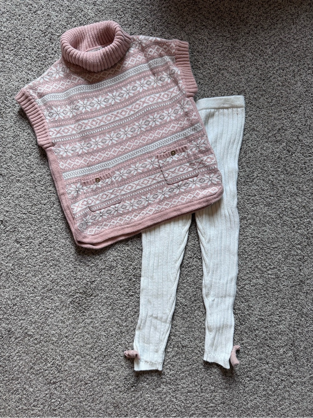 Girls' Pink Fair Isle Cowl Neck Sweater Vest & Cream Ribbed Leggings Set